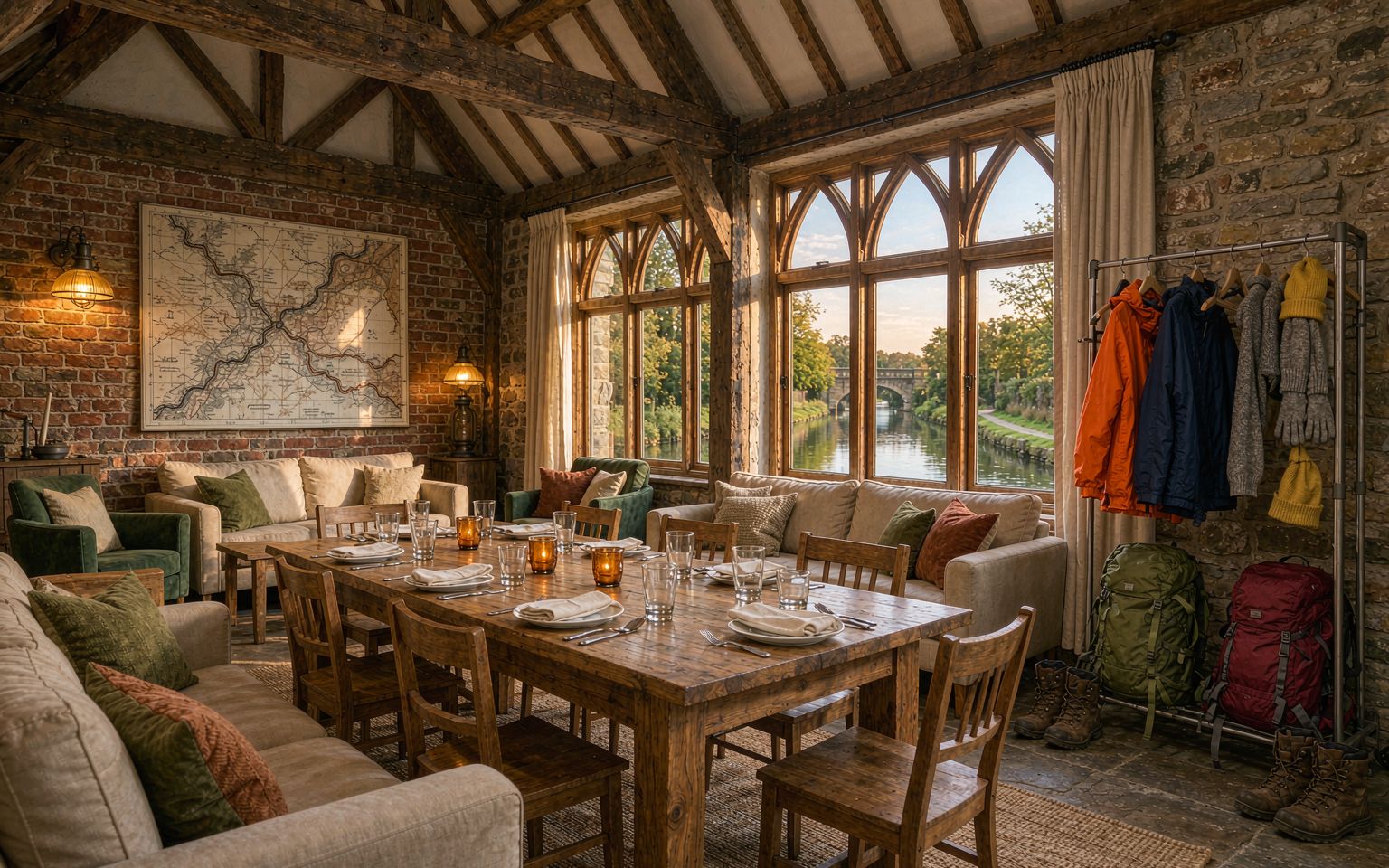 Communal dining table set for a group meal