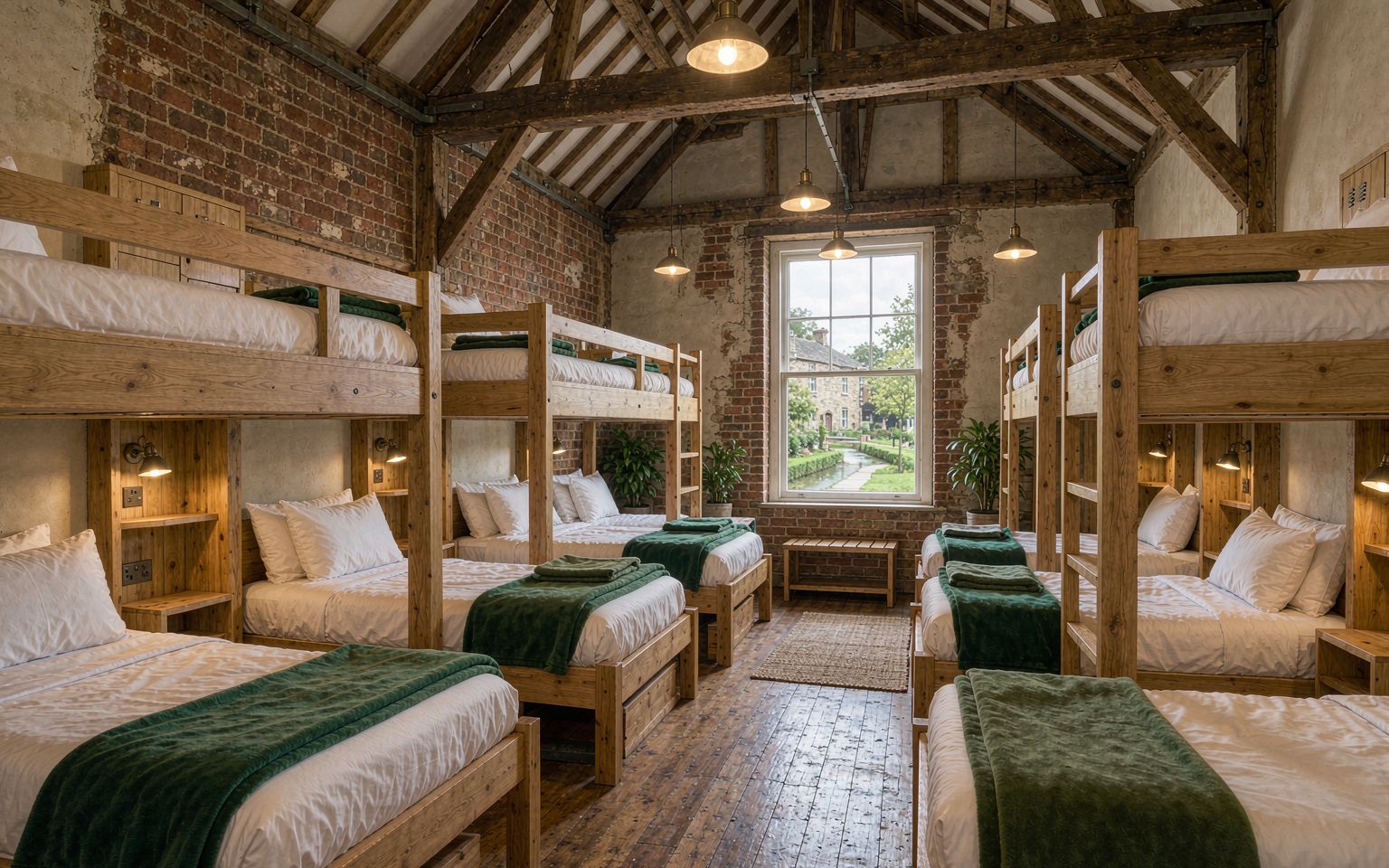 Dormitory with wooden bunk beds and green blankets