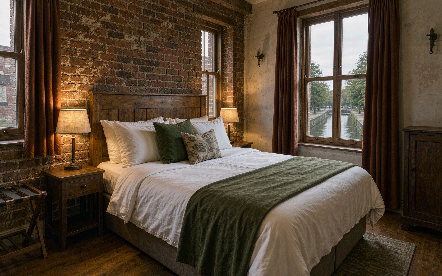 Private double room with exposed brick wall